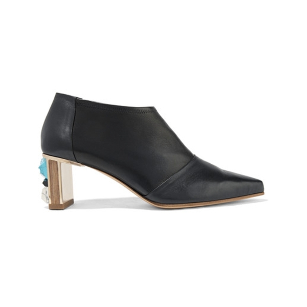 Black Leather Women's Booties with Embellished Heel